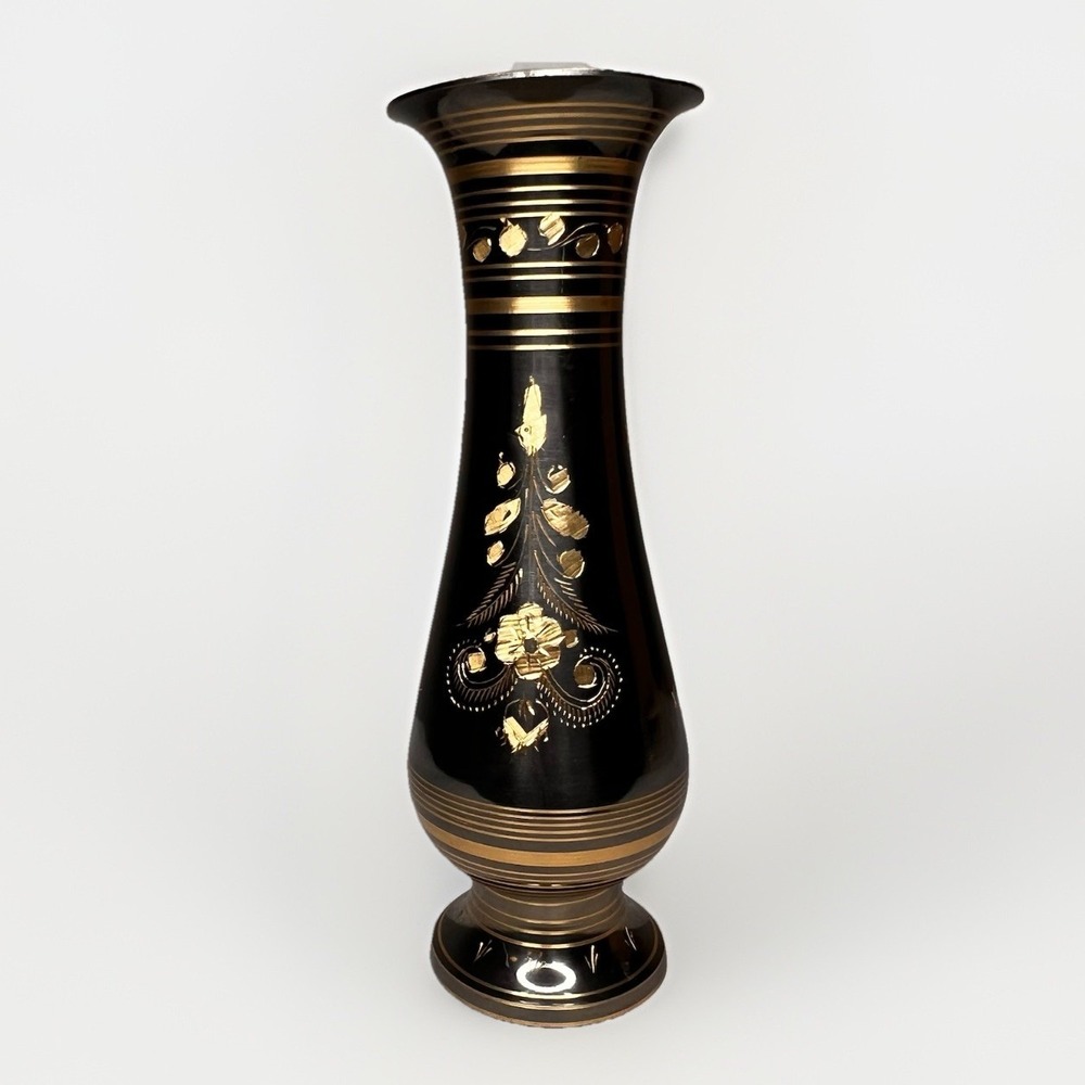 Vintage Black Glass Vase Gold Floral Etched Decor‎ 9" Tall Decorative Vase